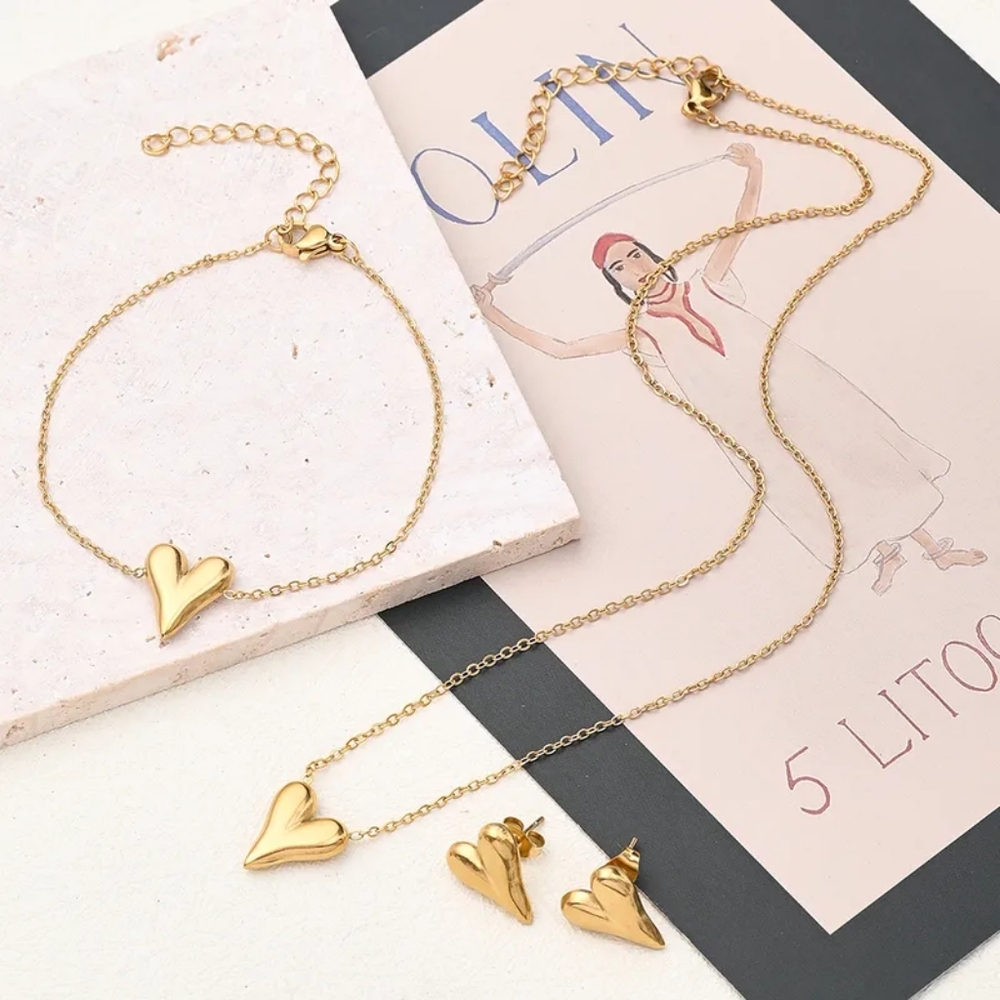 Gold Necklace,Bracelet & earrings  with Heart Accent, Stainless Steel.